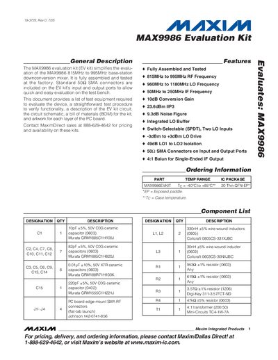 Maxim MAX9986 Evaluation Kit Handbook - cover page