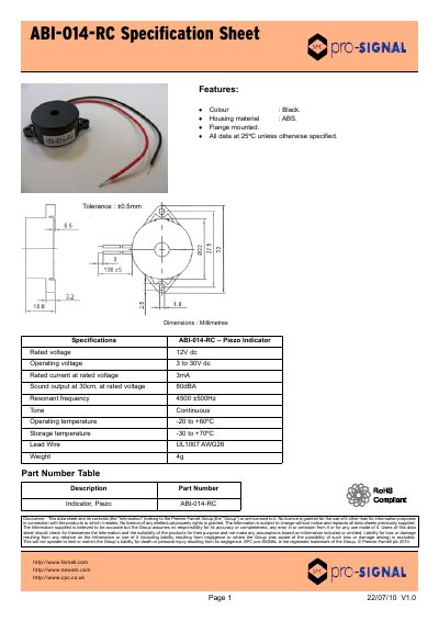 Pro‑SIGNAL ABI-014-RC Piezo Indicator Specification Sheet - cover page