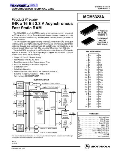 Motorola MCM6323A SRAM Datasheet - cover page