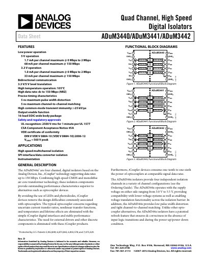 Analog Devices ADuM3440/ADuM3441/ADuM3442 Data Sheet - cover page