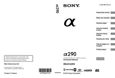 Sony DSLR-A290 User Manual - cover page