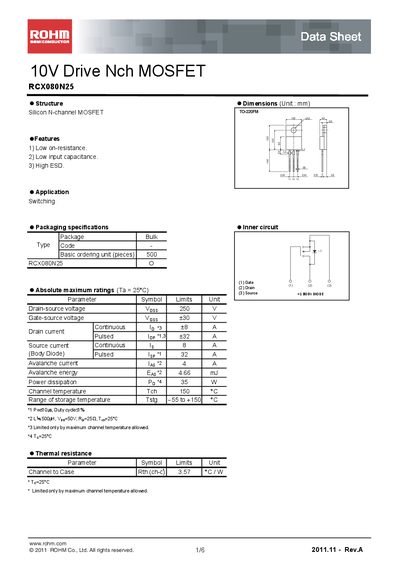 ROHM RCX080N25 N‑Channel MOSFET Datasheet - cover page