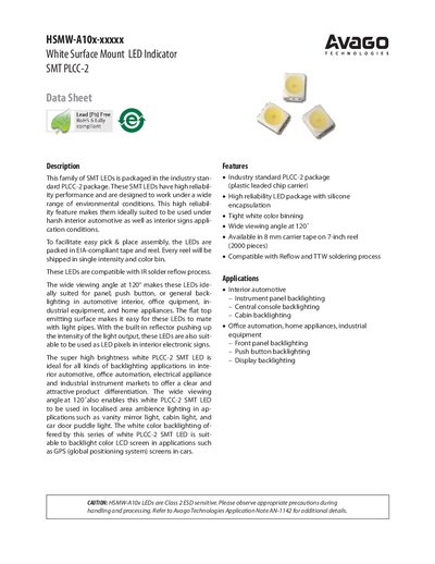Avago HSMW-A10x-xxxxx White Surface Mount LED Indicator Datasheet