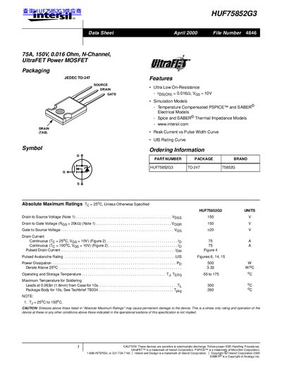 Intersil HUF75852G3 UltraFET Power MOSFET Datasheet - cover page