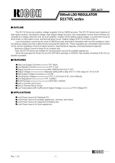 Ricoh R1170X Series Datasheet - cover page