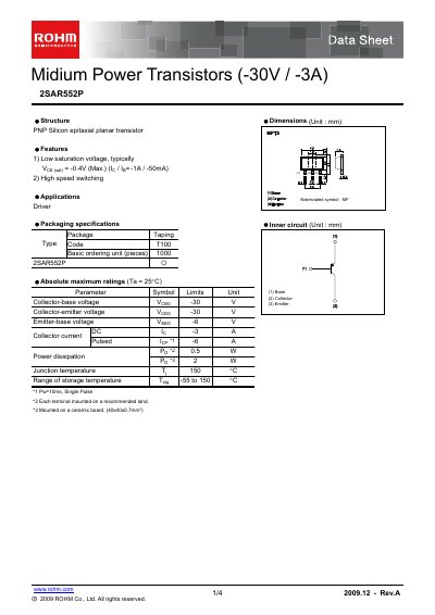 ROHM 2SAR552P Power Transistor Datasheet - cover page