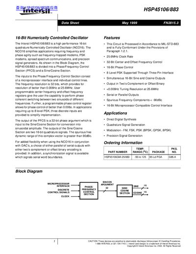 Intersil HSP45106/883 16-Bit Numerically Controlled Oscillator Data Sheet - cover page