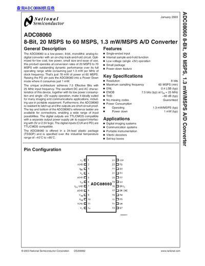 National Semiconductor ADC08060 8-Bit 20-60 MSPS A/D Converter Datasheet - cover page