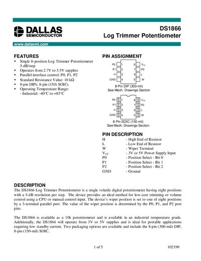 Dallas Semiconductor DS1866 Log Trimmer Potentiometer Datasheet - cover page