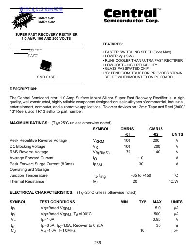 Central Semiconductor CMR1S-01/02 Super Fast Recovery Rectifier Datasheet - cover page