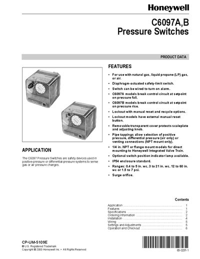 Honeywell C6097A/B Pressure Switch User Manual - cover page
