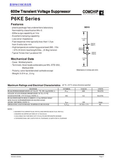 COMCHIP P6KE Series Transient Voltage Suppressor Datasheet - cover page