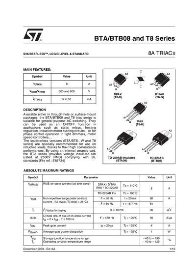 STMicroelectronics BTA/BTB08 and T8 Series Triac Handbook - cover page