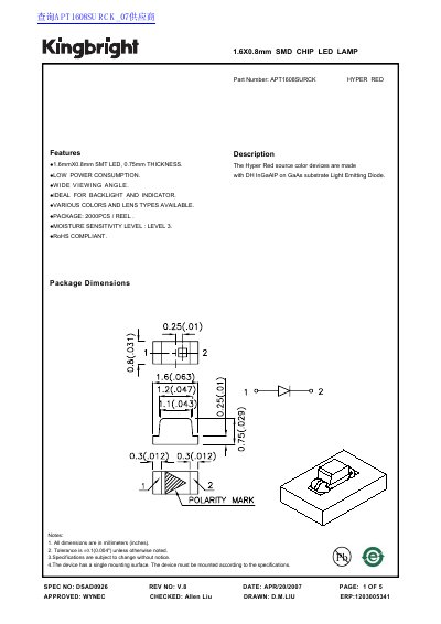 kingbright 1.6X0.8mm SMD CHIP LED LAMP APT1608SURCK handbook(5)