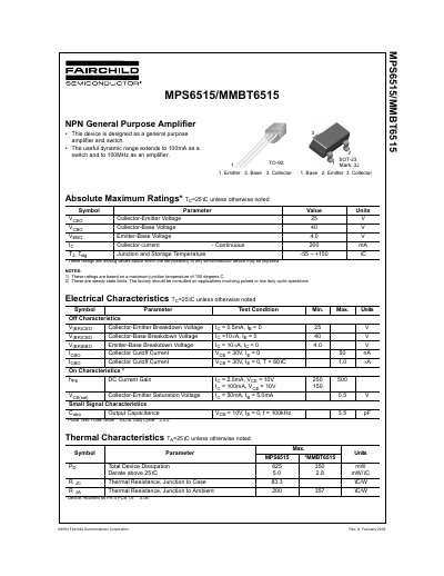 Fairchild MPS6515/MMBT6515 NPN General Purpose Amplifier Datasheet - cover page