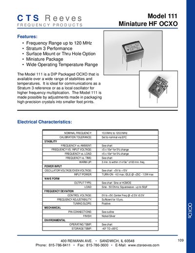 CTS Model 111 Miniature HF OCXO Datasheet - cover page