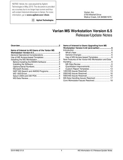 Agilent MS Workstation Version 6.5 Release/Update Notes - cover page