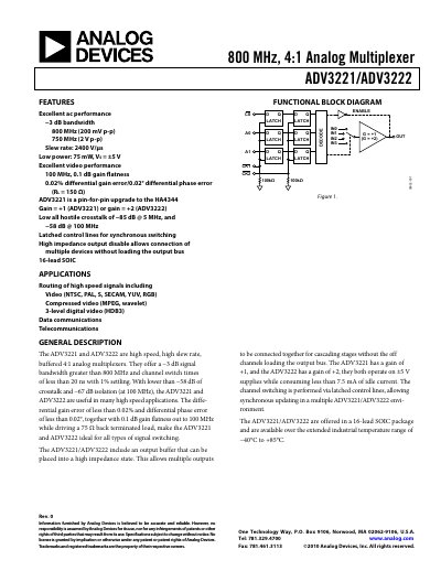 ANALOG DEVICES 800 MHz 4:1 Analog Multiplexer ADV3221/ADV3222 English products handbook Rev 0 - cover page