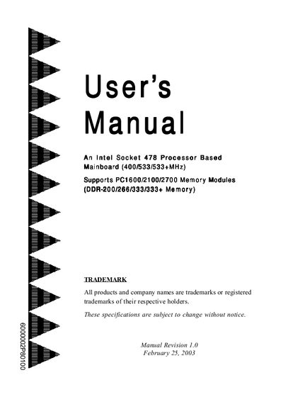 Intel Socket 478 Processor Based Mainboard User Manual - cover page