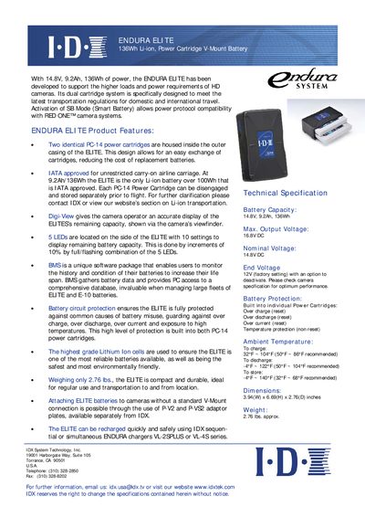 ENDURA ELITE 136Wh Li-ion V-Mount Battery Product Leaflet - cover page