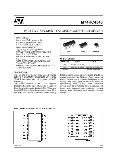 ST M74HC4543 BCD‑TO‑7 Segment Decoder Datasheet - cover page