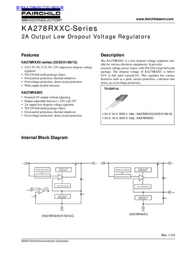 Fairchild KA278RXXC-Series 2A Output Low Dropout Voltage Regulators Datasheet - cover page
