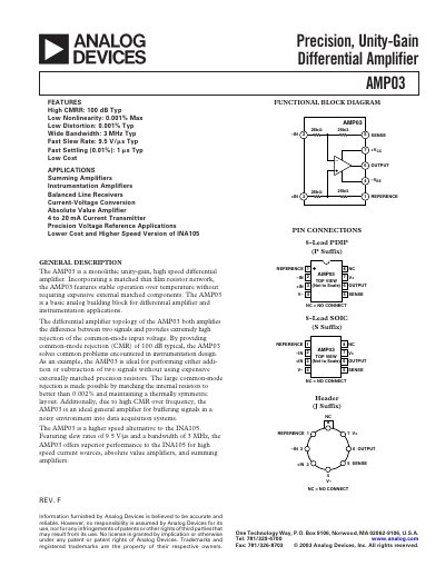 Analog Devices AMP03 Datasheet - cover page