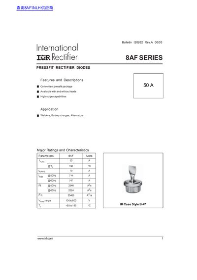 International Rectifier 8AF Series Pressfit Rectifier Diodes Datasheet - cover page