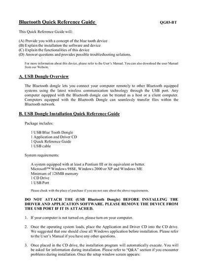 QG03-BT Bluetooth USB Dongle Quick Reference Guide - cover page