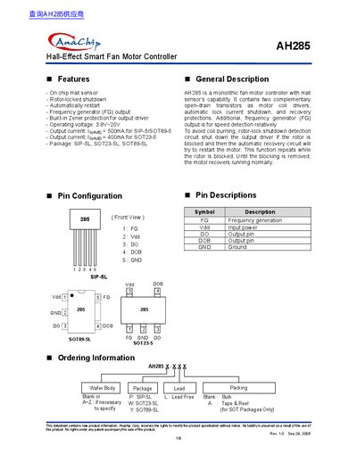 Anachip AH285 Hall-Effect Smart Fan Motor Controller Datasheet - cover page