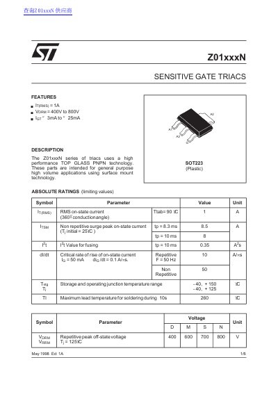 STMicroelectronics Z01xxxN Series Sensitive Gate Triacs Datasheet - cover page