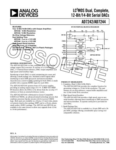Analog Devices AD7242/AD7244 Dual 12‑Bit/14‑Bit Serial DAC Datasheet - cover page