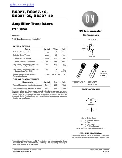 ON Semiconductor BC327 Series PNP Transistor Datasheet