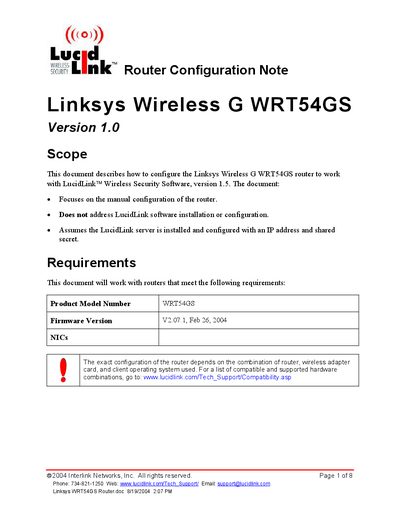 Linksys WRT54GS Configuration Guide - cover page