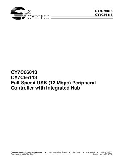 Cypress CY7C66013 / CY7C66113 USB Peripheral Controller with Integrated Hub User Manual - cover page