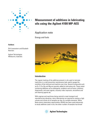 Agilent 4100 MP-AES Application Note for Measuring Additives in Lubricating Oils - cover page
