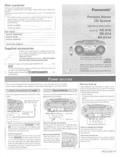 Panasonic RX-D16/RX-D14 Portable Stereo CD System Operating Instructions - cover page
