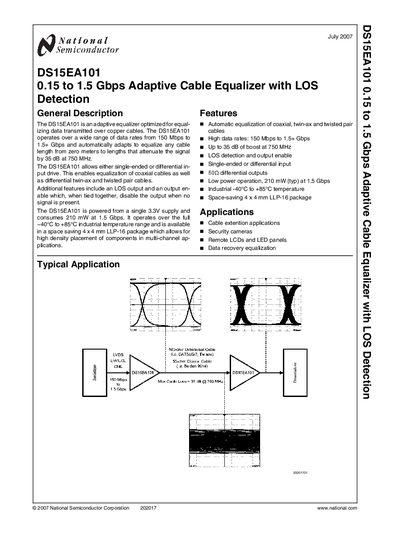 NATIONAL SEMICONDUCTOR DS15EA101 0.15 to 1.5 Gbps Adaptive Cable Equalizer with LOS Detection Manual - cover page