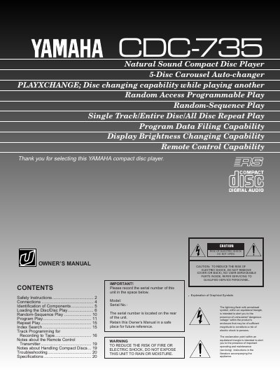 Yamaha CDC-735 Compact Disc Player Owner's Manual - cover page