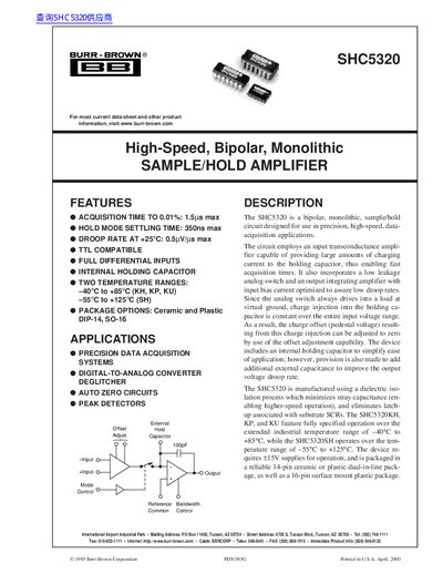 Burr-Brown SHC5320 Sample/Hold Amplifier Datasheet - cover page