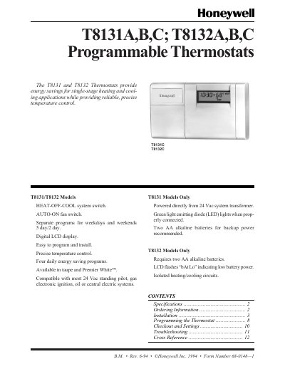 honeywell T8131A B C; T8132A B C Programmable Thermostats Manual - cover page