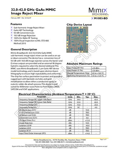 Mimix BROADBAND XM1003-BD 32.0-42.0 GHz GaAs MMIC Image Reject Mixer - cover page