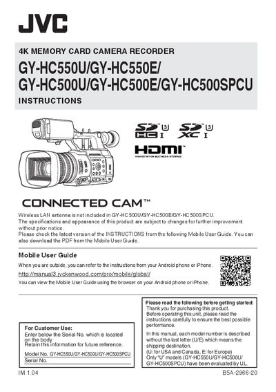 JVC GY-HC550U/GY-HC500U/GY-HC500SPCU 4K Memory Card Camera Recorder User Manual