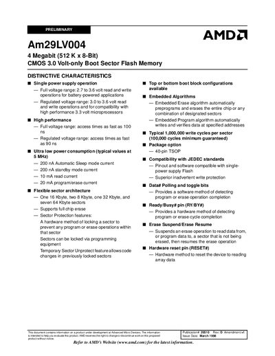 AMD Am29LV004 4 Megabit Flash Memory Datasheet