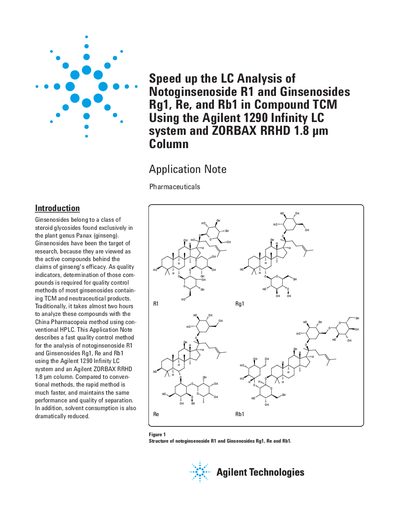 Agilent Speed up the LC Analysis of Notoginsenoside R1 Ginsenosides Rg1 Re Rb1 in Compound TCM Using the Agilent 1290 Infinity LC system ZORBAX RRHD 1.8 m Column Manual - cover page