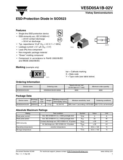 Vishay VESD05A1B-02V ESD Protection Diode Datasheet - cover page