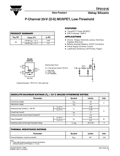 Vishay TP0101K P-Channel MOSFET Datasheet - cover page