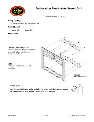 Travis Industries Arabesque Pewter Flush Wood Insert Grill Kit Installation Guide - cover page