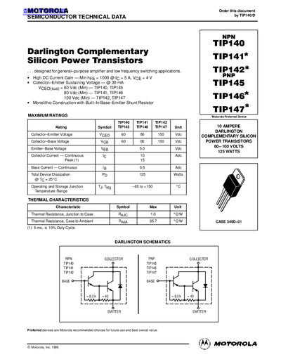 MOTOROLA TIP140 TIP141 Data Sheet - cover page