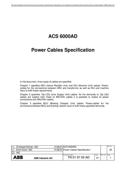 ABB ACS 6000AD Power Cables Specification Manual - cover page